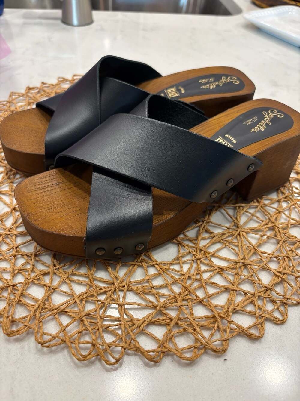 Seychelles Black Leather Criss Cross Wooden Platform Clog Sandals - Picture 4 of 9